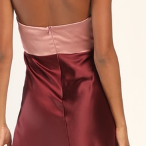 Lulus NWOT Icon Update Burgundy Pink Satin Color Block Knotted Halter Midi Dress - Picture 6 of 15